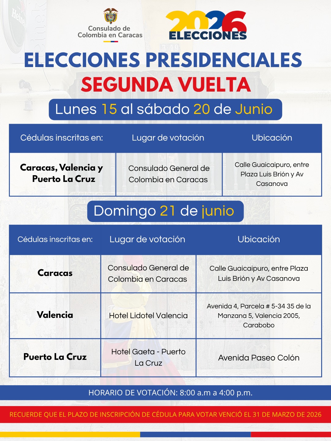 Conozca el calendario electoral para la segunda vuelta de las Elecciones Presidenciales 2026